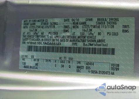 2010 Ford E-350 Super Duty Xl/Xlt z USA, uszkodzony, nr VIN 1FBNE3BL1ADA68323